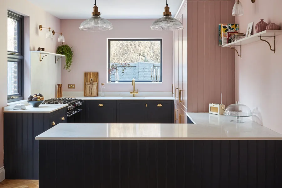 Marie Kalsi Interior Design pink and navy kitchen