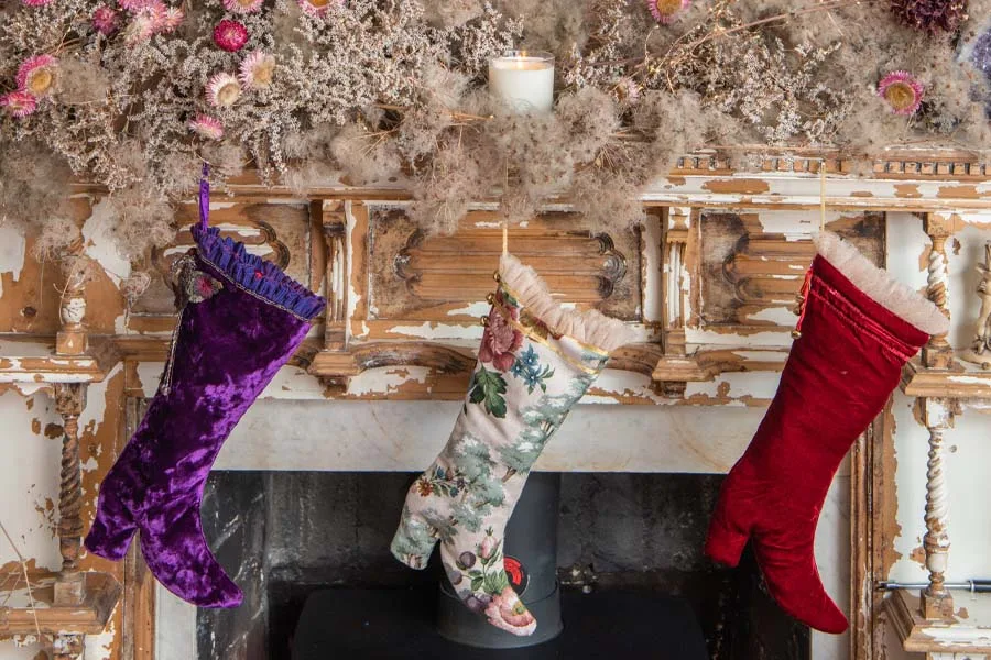 Pearl Lowe Christmas decorations and stockings from reclaimed fabrics